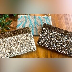 Beaded Clutch Trio in Blue, Gold, and Brown